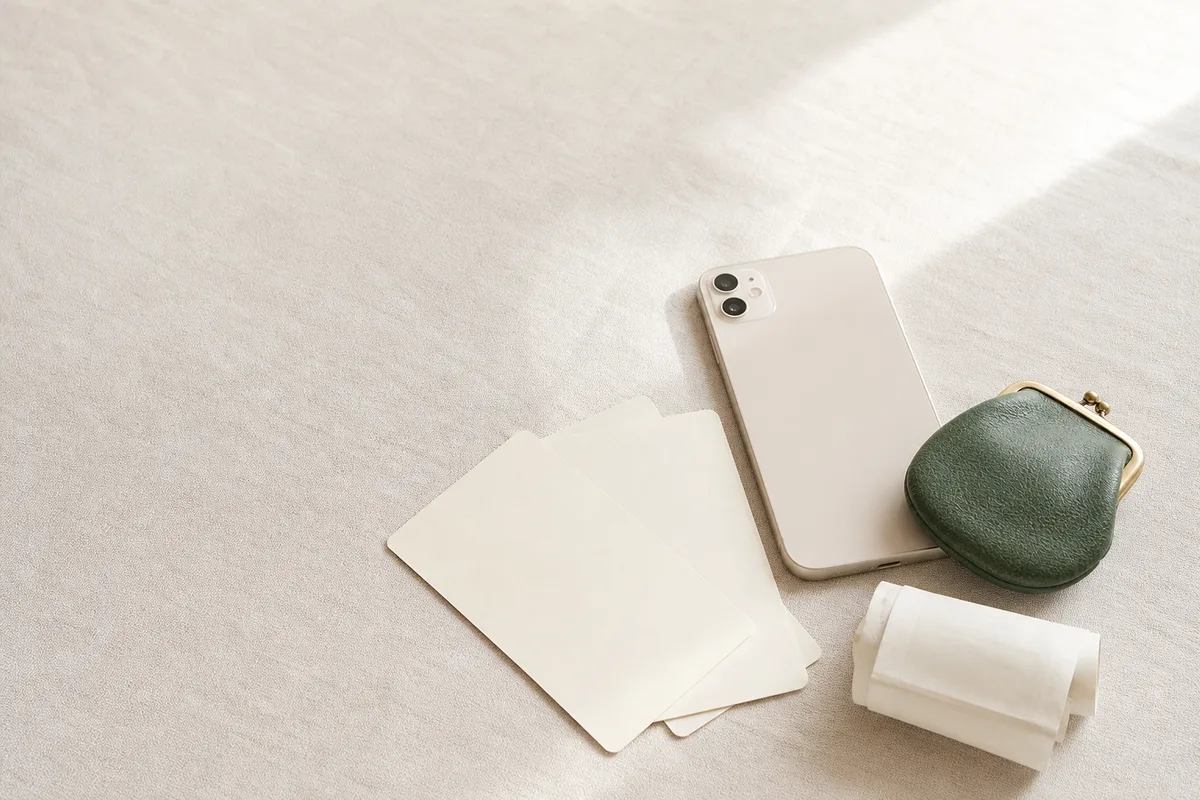 スマートフォンとカード、小さな財布が並んだ机