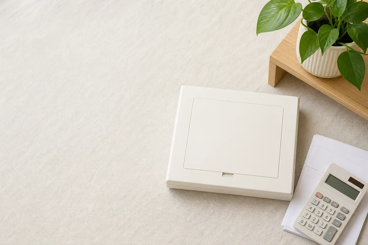 閉じた分電盤のカバーと検針票、電卓