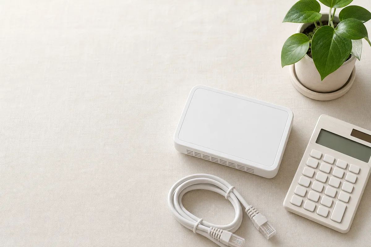 丸めたLANケーブルと小さなルーター、電卓