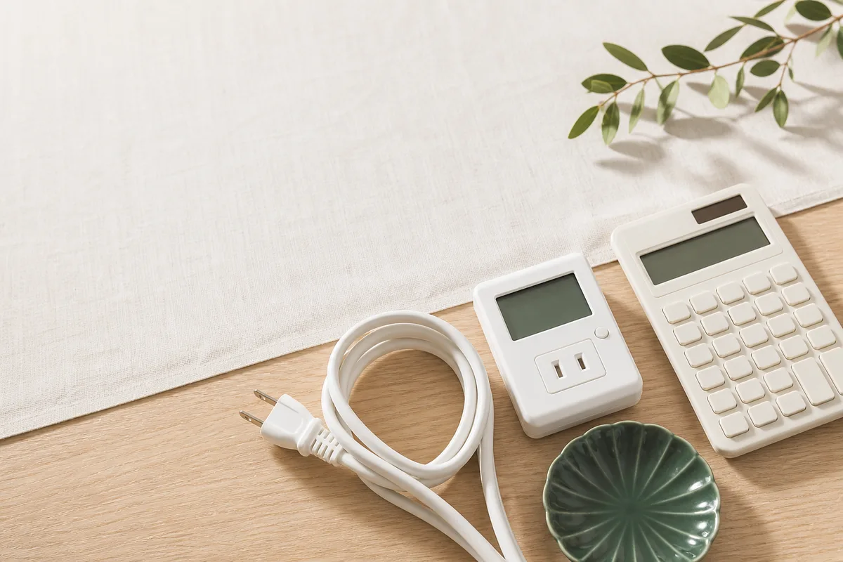 巻いた電源コードと表示のない電力計、電卓