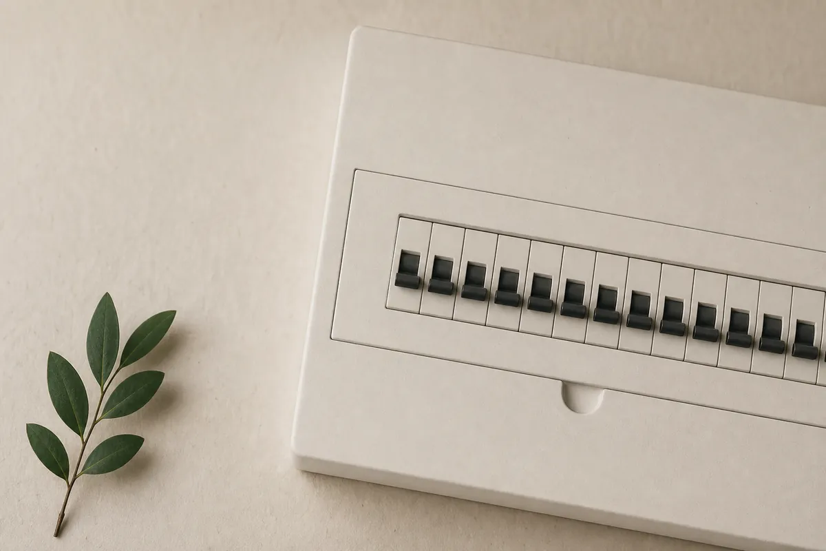 スイッチが並ぶ家庭用の分電盤