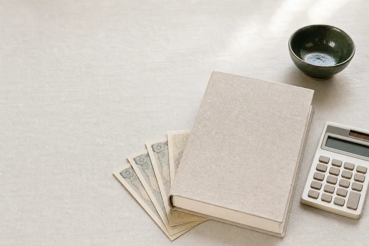 厚いノートと4枚の請求書、電卓
