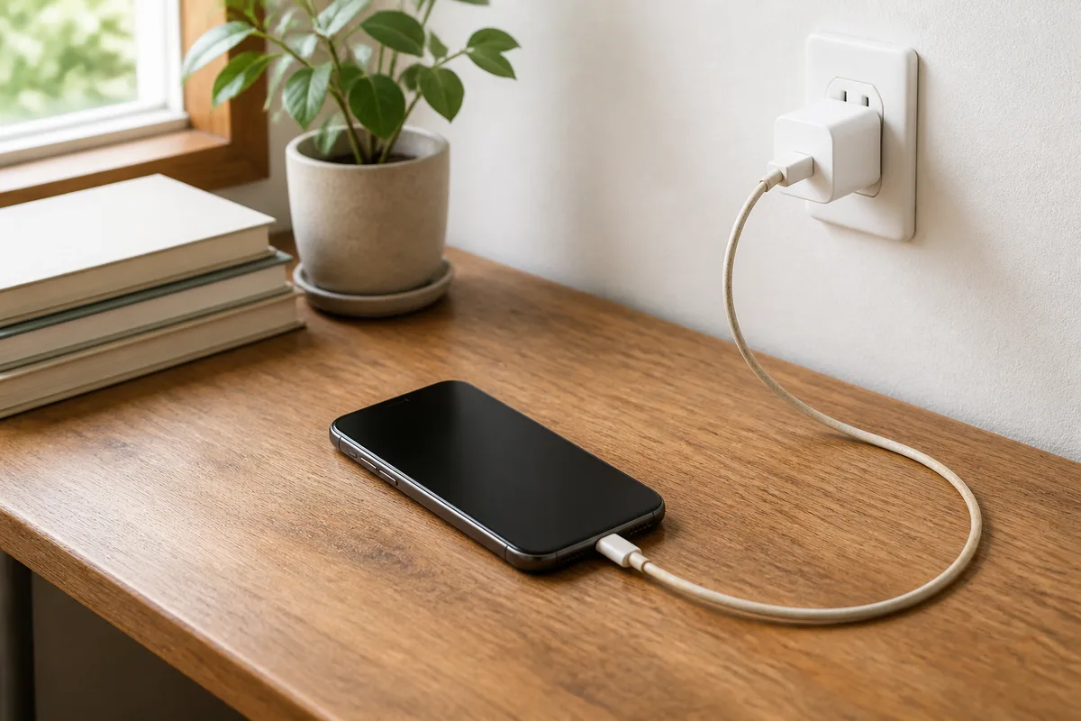 机の上で充電中のスマートフォンと壁の充電器