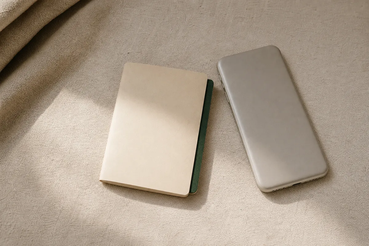 閉じた手帳とスマートフォン