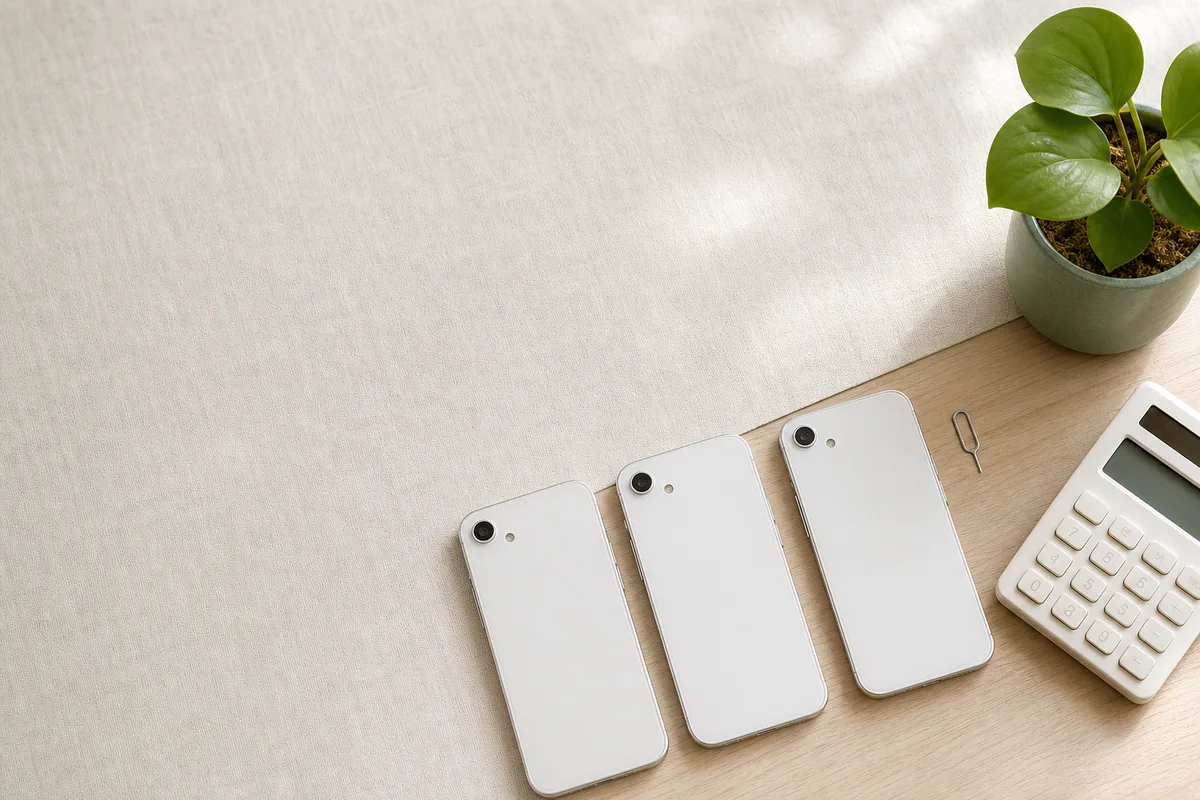 伏せて並べた3台のスマートフォンとSIMピン、電卓
