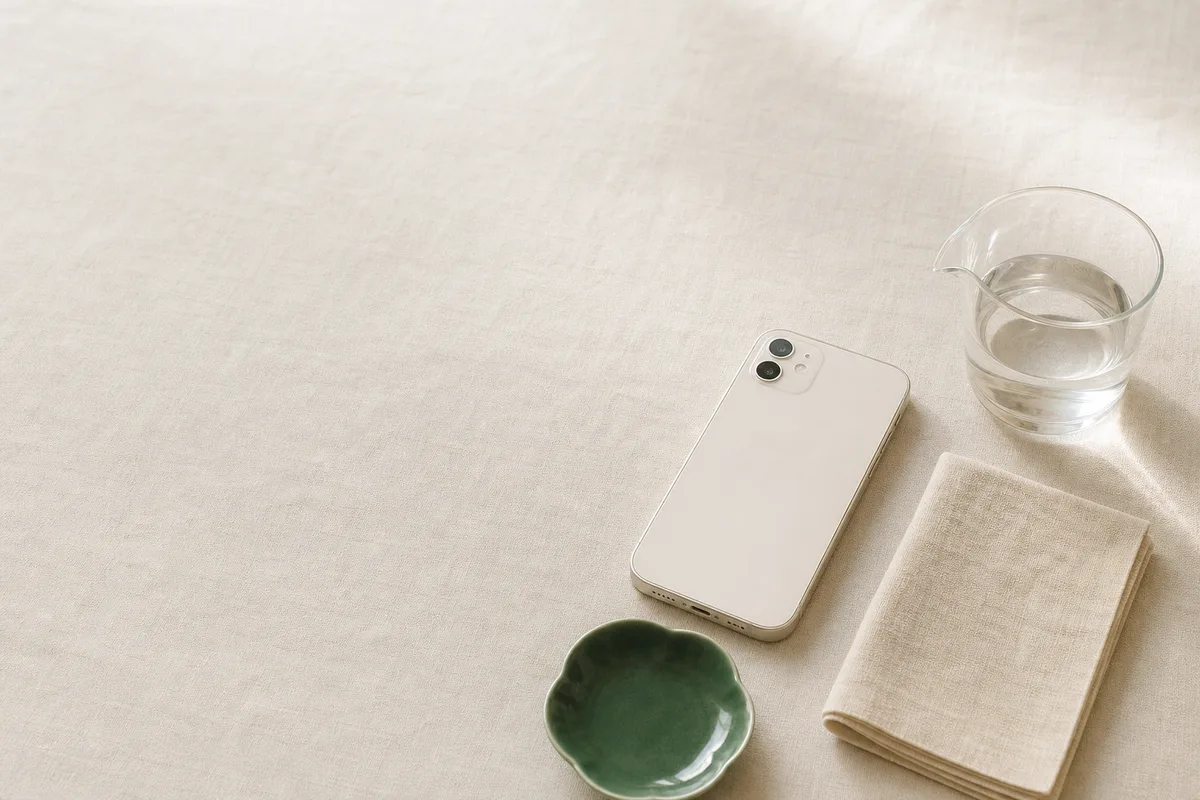 伏せたスマートフォンと半分まで水の入った計量カップ
