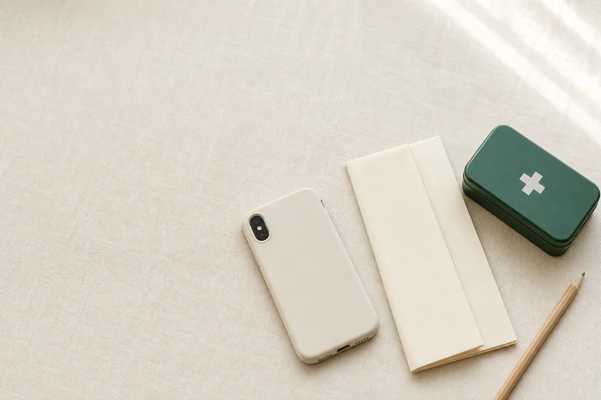 ケースに入れたスマートフォンと契約書、救急箱