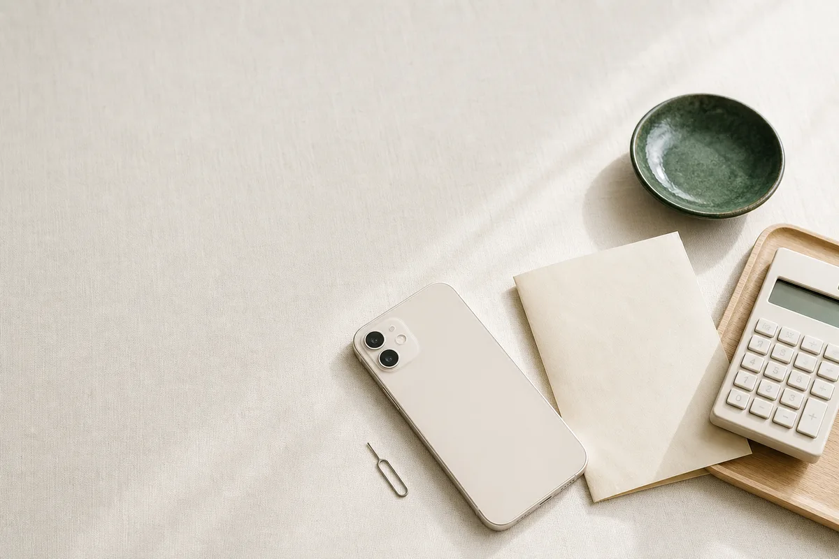 伏せたスマートフォンとSIMピン、明細と電卓