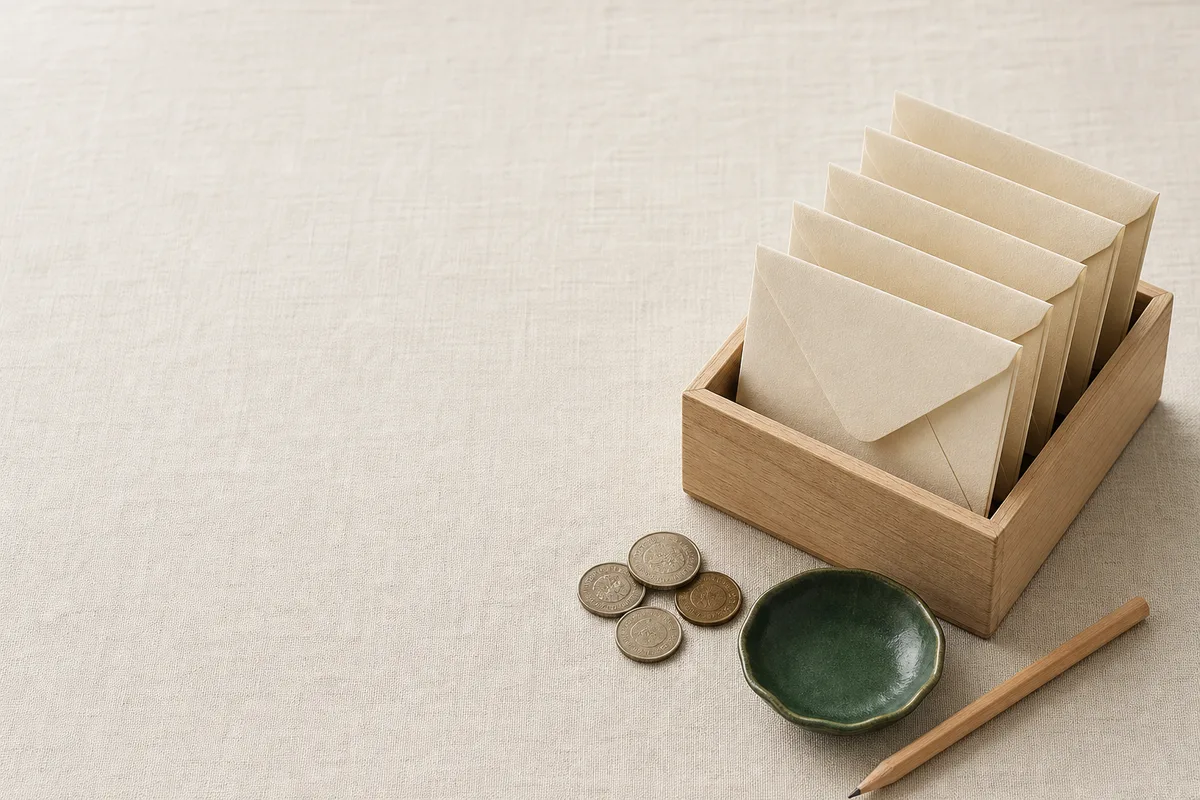 木の箱に立てた5つの封筒と小銭