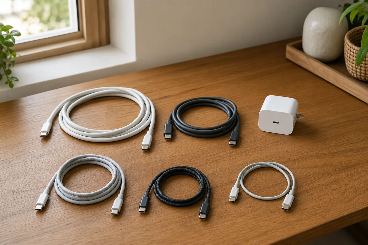 机に並べた太さの違うUSB-Cケーブル5本と充電器